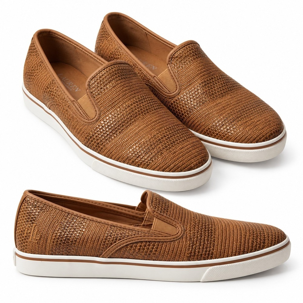 LRL Ralph Lauren 'Janis' Woven Slip-On Sneaker Womens Sz 9.5 Caramel Brown GUC
